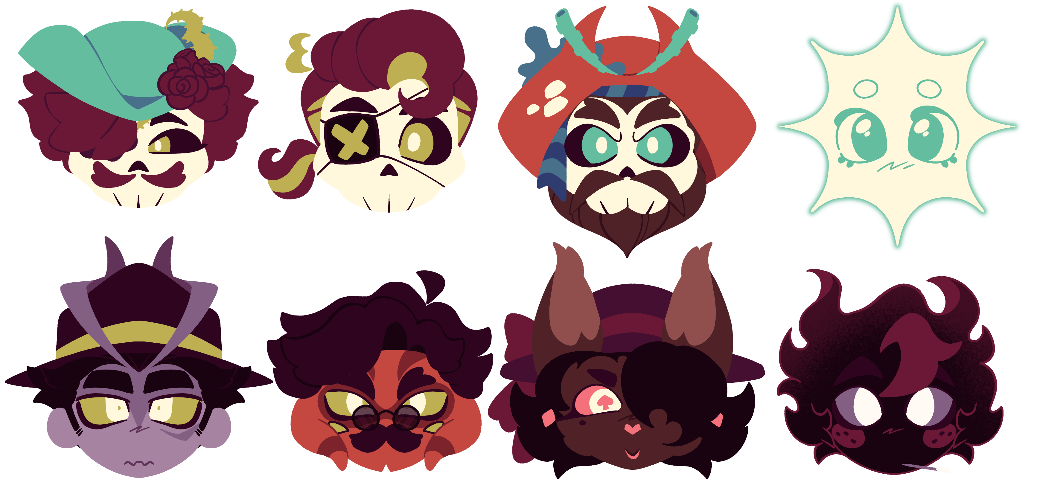 Chibi headshots fo Vendetta, Ronnie, Calvin, Astra, Esther, Emilio, Bennet, and Clapperclaw from Above and Beyond.